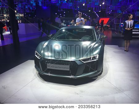 Shanghai China , 19 April 2017: Audi R8 V10 performance car at Shanghai Autoshow