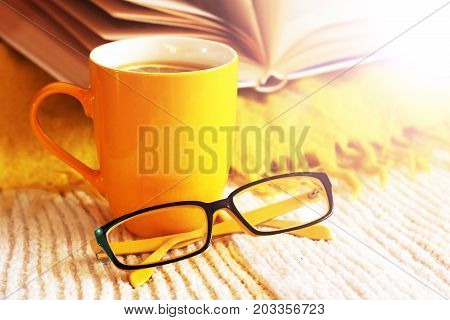Yellow Mug Of Tea, Book And Glasses, Autumn Mood