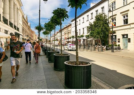 Warsaw, Poland - August 2, 2017: Architecture And People On The Street New World In Warsaw.