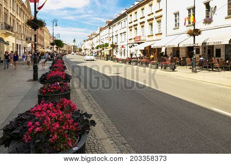 Warsaw, Poland - August 2, 2017: Architecture And People On The Street New World In Warsaw.