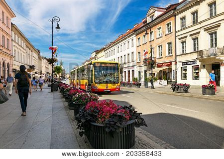 Warsaw, Poland - August 2, 2017: Architecture And People On The Street New World In Warsaw.