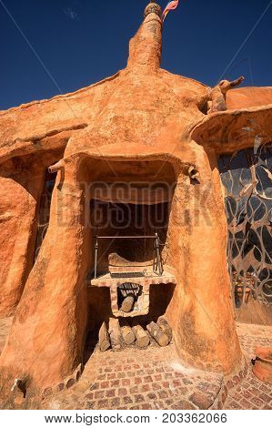 July 21 2017 Villa de Leyva: outdoor barbecue of the conceptual eco-house 'Casa de Terracota' open and allowing full access for paying visitors