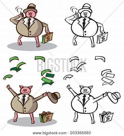 illustration on white background pig rich businessman calling on the phone and puts the money up.
