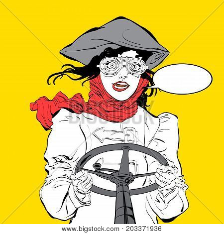 Young smiling driver. Girl pilot. Woman pilot. Air sport. Smiling pilot. Concept idea of advertisement and promo. Halftone background. Pop art retro style illustration.