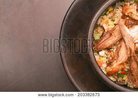 Top view of fried rice in a bowl