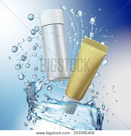 Cream bottle mock up in water splash on blue background. 3D illustration