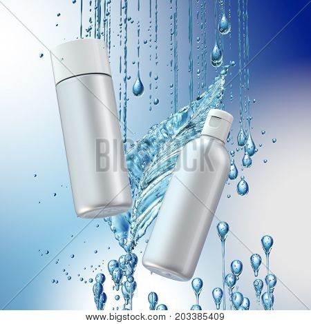 Cream bottle mock up in water splash on blue background. 3D illustration