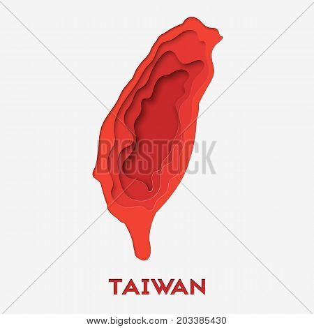 3d abstract paper cut illlustration of Taiwan red map. Vector travel template in carving art style. Eps10.