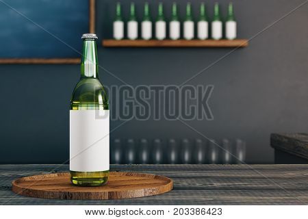 Close up of glass beer bottle with empty label placed on wooden pub counter. Blurry background. Adver concept. Mock up 3D Rendering