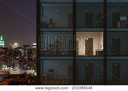 Detailed glass building with visible office interiors on iiluminated night city background. Business finance and workplace concept. 3D Rendering