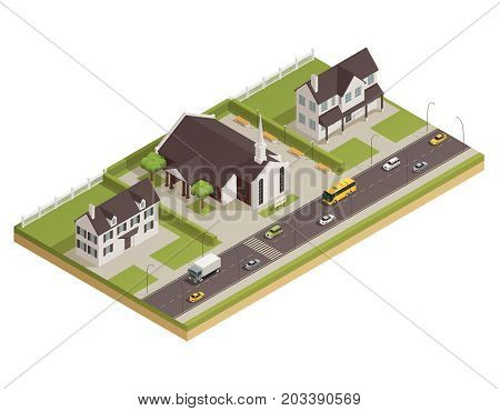 Modern contemporary catholic church white stone building with parking lot and neighboring houses isometric composition vector illustration