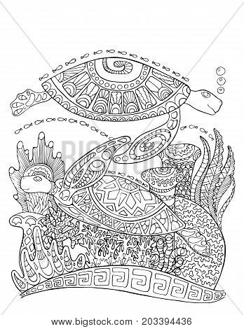 Sea turtle doodle style coloring page. Underwater vector illustration for adult coloring. Sea turtles underwater with corals. Black line bordered coloring page. Corals and sea tortoise vertical card