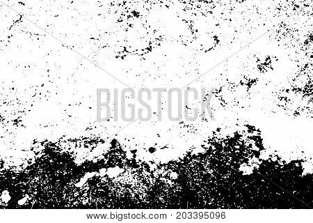 Weathered and rough concrete floor vector texture. Noisy texture with grain and black bottom. Distressed asphalt surface. Black and white grit trace. Obsolete vintage overlay on transparent background