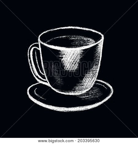 Coffee cup white chalk drawing on blackboard. Cappuccino coffee shop icon. Cafe menu handdrawn illustration. Cup of coffee chalkboard. Coffee break. Hot beverage. Simple kitchenware