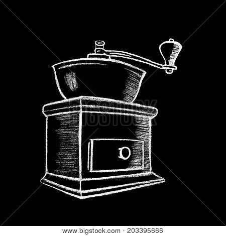 White chalk vintage coffee grinder drawing. Classical vintage coffee grinder. Coffee drinking object by white chalk on chalkboard. Blackboard coffee grinder icon for cafe or restaurant menu decor