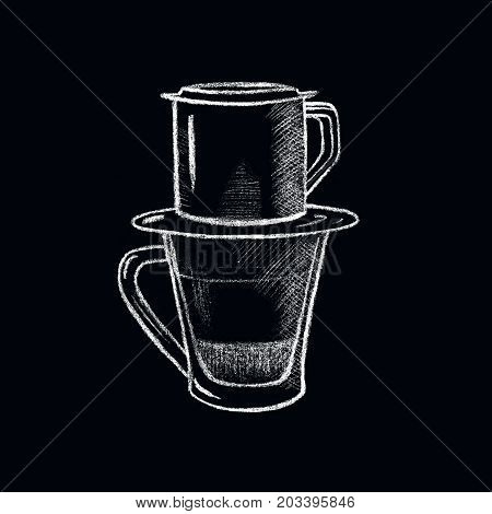White chalk Vietnamese coffee cup. Vietnam style filtered coffee handdrawn illustration. Glass cup and coffee filter cup. Asian coffee drinking tradition. Hot beverage drawing for cafe menu or decor