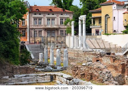 Antique Forum with Odeon in old town of Plovdiv, Bulgaria.