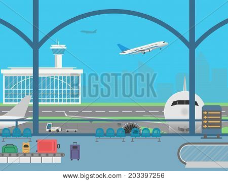 Airport terminal. Waiting room. Field with airplanes and flying airplane