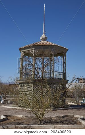 Chacabuco, Antofagasta Region, Chile - August 19, 2017: Band stand in the town square of the derelict nitrate mining town of Chacabuco in the Atacama Desert of northern Chile