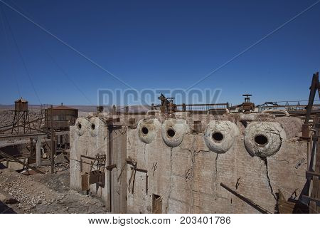 Chacabuco, Antofagasta Region, Chile - August 19, 2017: Derelict nitrate mining town of Chacabuco in the Atacama Desert of northern Chile