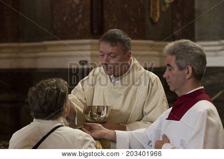 BUDAPEST, HUNGARY - AUGUST 20, 2017:Religious Mass Service in the Basilica of St. Istvan in honor of St. Istvan Day