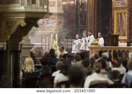 BUDAPEST, HUNGARY - AUGUST 20, 2017:Religious Mass Service in the Basilica of St. Istvan in honor of St. Istvan Day