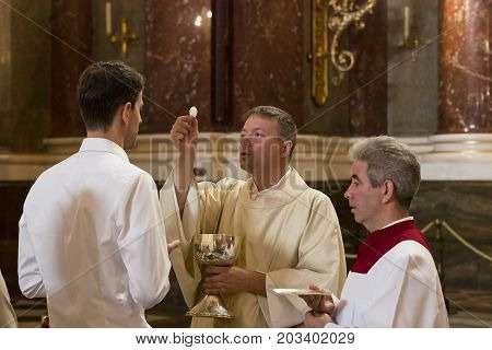 BUDAPEST, HUNGARY - AUGUST 20, 2017:Religious Mass Service in the Basilica of St. Istvan in honor of St. Istvan Day