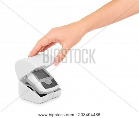 Blood Pressure Measurement Equipment Tensiometer In Hand Isolated On White Background