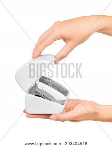 Blood Pressure Measurement Equipment Tensiometer In Hand Isolated On White Background