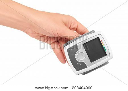 Blood Pressure Measurement Equipment Tensiometer In Hand Isolated On White Background