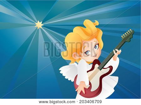 Christmas background design with guitarist angel musician. Happy smiling cute cartoon kid play music on guitar to star flying on a night sky. Good siut for card, music collection box cover
