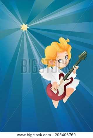 Christmas background design with guitarist angel musician. Happy smiling cute cartoon kid play music on guitar to star flying on a night sky. Good siut for card, music collection box cover