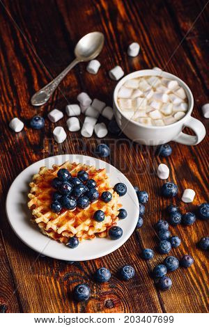 Homemade Waffles with Fresh Blueberry and Topping on Plate Cup of Hot Chocolate with Marshmallow.Vertical Orientation.