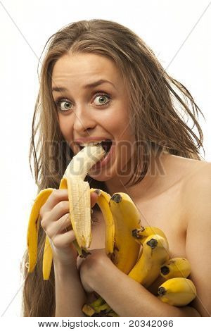 Junge erstaunt Frau Essen Banane over white background