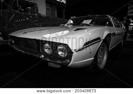 MAASTRICHT NETHERLANDS - JANUARY 08 2015: Car Lamborghini Espada 1975. Black and white. International Exhibition InterClassics & Topmobiel 2015