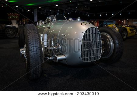 MAASTRICHT NETHERLANDS - JANUARY 08 2015: The Grand Prix racing car Auto Union Type A 1934. International Exhibition InterClassics & Topmobiel 2015