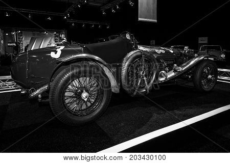 MAASTRICHT NETHERLANDS - JANUARY 08 2015: Racing car Alfa Romeo 8C 2300 Monza. Black and white. International Exhibition InterClassics & Topmobiel 2015
