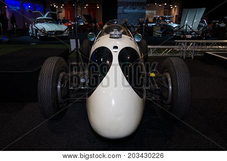 MAASTRICHT NETHERLANDS - JANUARY 08 2015: The Formula One racing car Cooper T23 (Cooper-Bristol Mk. II) 1953. Rear view. International Exhibition InterClassics & Topmobiel 2015