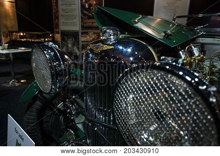 MAASTRICHT NETHERLANDS - JANUARY 08 2015: Headlamp of a luxury car Lagonda 2-litre Speed Open Tourer 1930. International Exhibition InterClassics & Topmobiel 2015