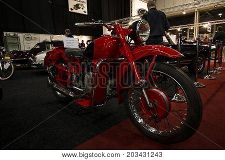 MAASTRICHT NETHERLANDS - JANUARY 08 2015: Motorcycle Moto Guzzi Airone 1956. International Exhibition InterClassics & Topmobiel 2015