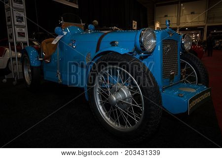 MAASTRICHT NETHERLANDS - JANUARY 08 2015: Oldtimer Austin A 30 Seven SP 1938. International Exhibition InterClassics & Topmobiel 2015