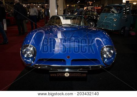 MAASTRICHT NETHERLANDS - JANUARY 08 2015: Sports car Bizzarrini Strada GT 5300. International Exhibition InterClassics & Topmobiel 2015