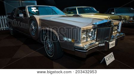 MAASTRICHT NETHERLANDS - JANUARY 08 2015: Full-size personal luxury car Cadillac Eldorado Paris 1983. International Exhibition InterClassics & Topmobiel 2015