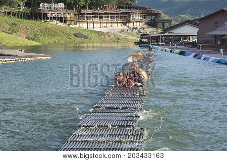 September 04, 2017 : Tourists Floating On The River By Wooden Raft In Srinakarin Dam, Kanchanaburi,