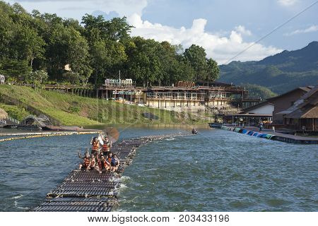 September 04, 2017 : Tourists Floating On The River By Wooden Raft In Srinakarin Dam, Kanchanaburi,