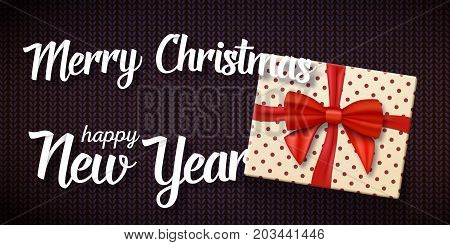 Illustration of Marry Christmas Greeting Card. Vector Realistic Gift Box with Red Ribbon on Kneeted Pattern with Marry Christmas and Happy New Year Paper Lettering