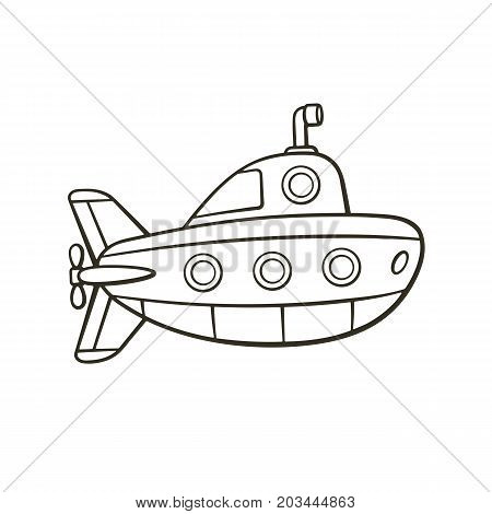 Vector illustration. Hand drawn doodle of submarine with periscope and portholes. Cartoon sketch. Isolated on white background