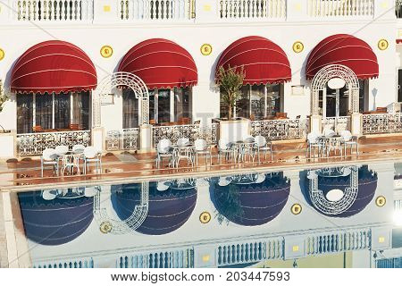 The popular resort Amara Dolce Vita Luxury Hotel. With pools and water parks and recreational area along the sea coast in Turkey. Tekirova-Kemer.