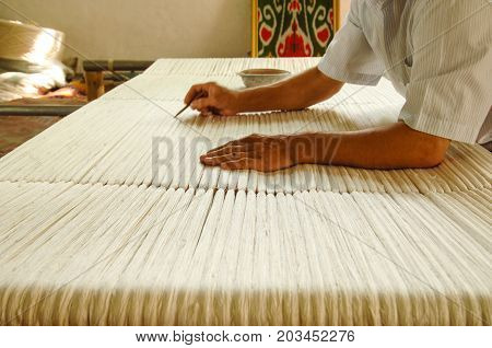 weaving and manufacturing of handmade carpets closeup