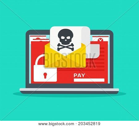Letter on laptop with malware. Hacker attack virus - extortionist email fraud encrypted files. Concept of security on Internet.